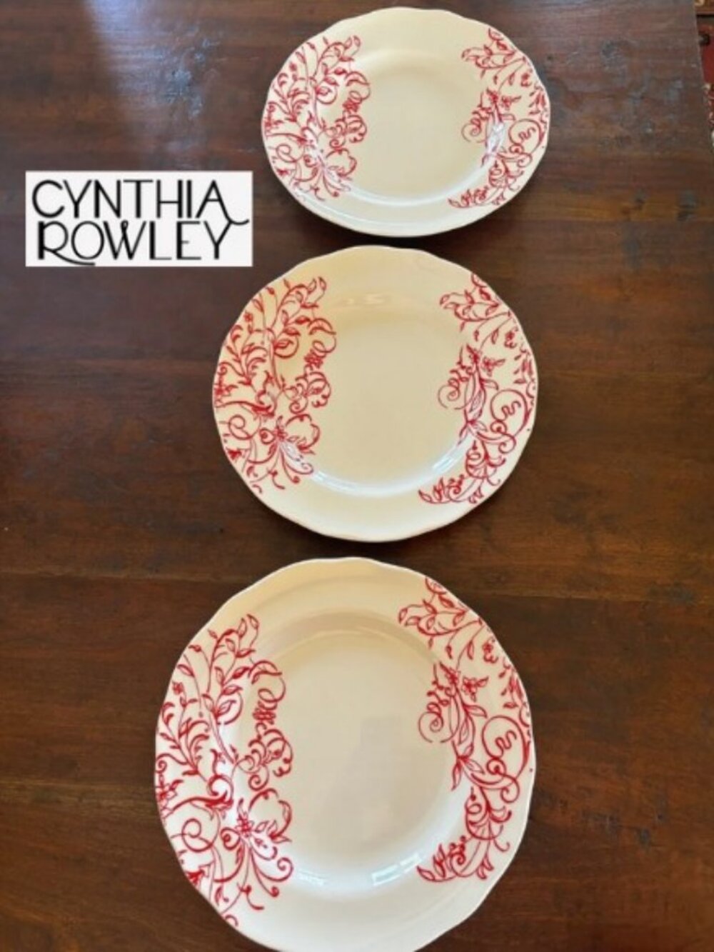Cynthia Rowley "Scrolls" Dinner Plates with Red Floral Scrolls - Set of 3